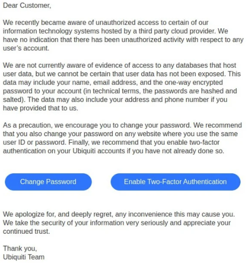 Ubiquiti Email Notice